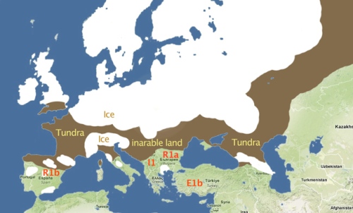 Glaciación de Würm máxima, y reductos peninsulares de Europa donde se asentaron los linajes de occidente (R1b) y del centro y este (R2b e I).