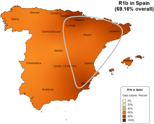 Triangulación del HR1b en España, se puede observar como las zonas más oscuras son las de mayor frecuencia.