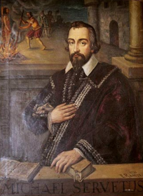 Miguel Servet, prohombre aragonés, que descubrió el sistema circulatorio y fue asesinado por la Inquisición por negar la Trinidad.